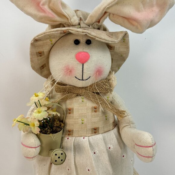 Handcrafted Fabric Bunny Doll Floral Dress Hat Standing 20 Inches Spring Rustic - Picture 2 of 10